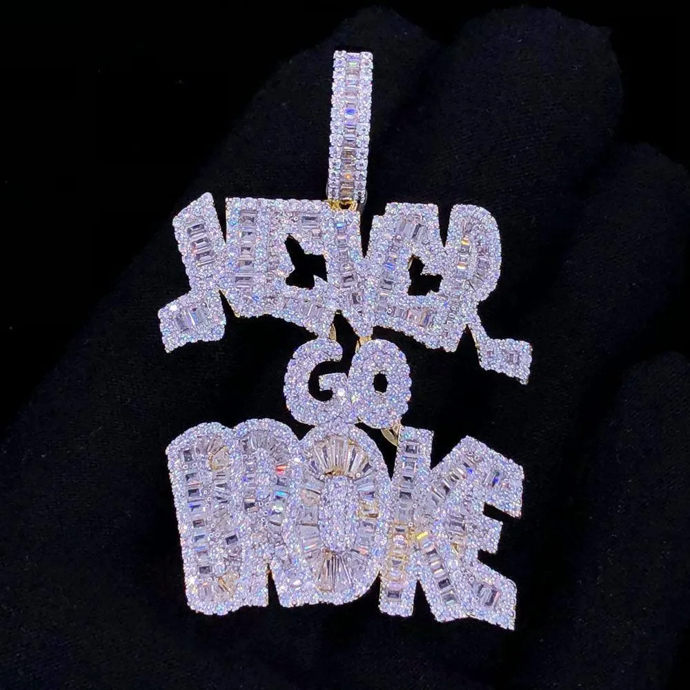 Never Go Broke Baguette VVS CZ Hip Hop Iced Out Pendant