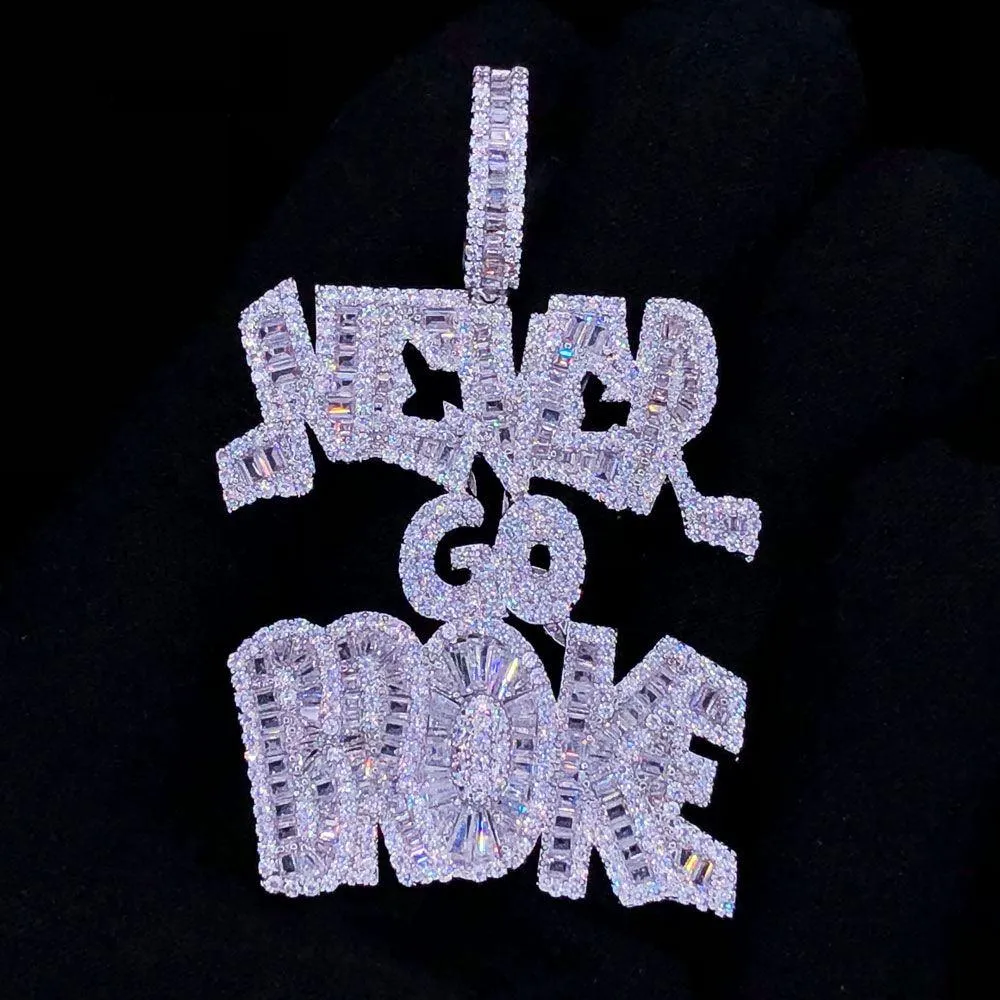 Never Go Broke Baguette VVS CZ Hip Hop Iced Out Pendant