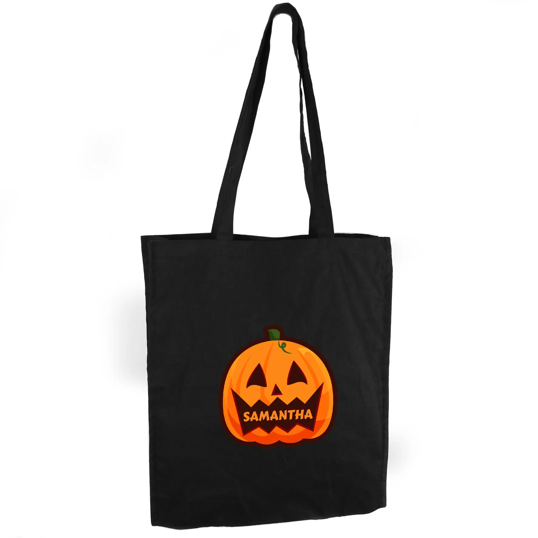 Personalised Pumpkin Halloween Treats Black Cotton Bag