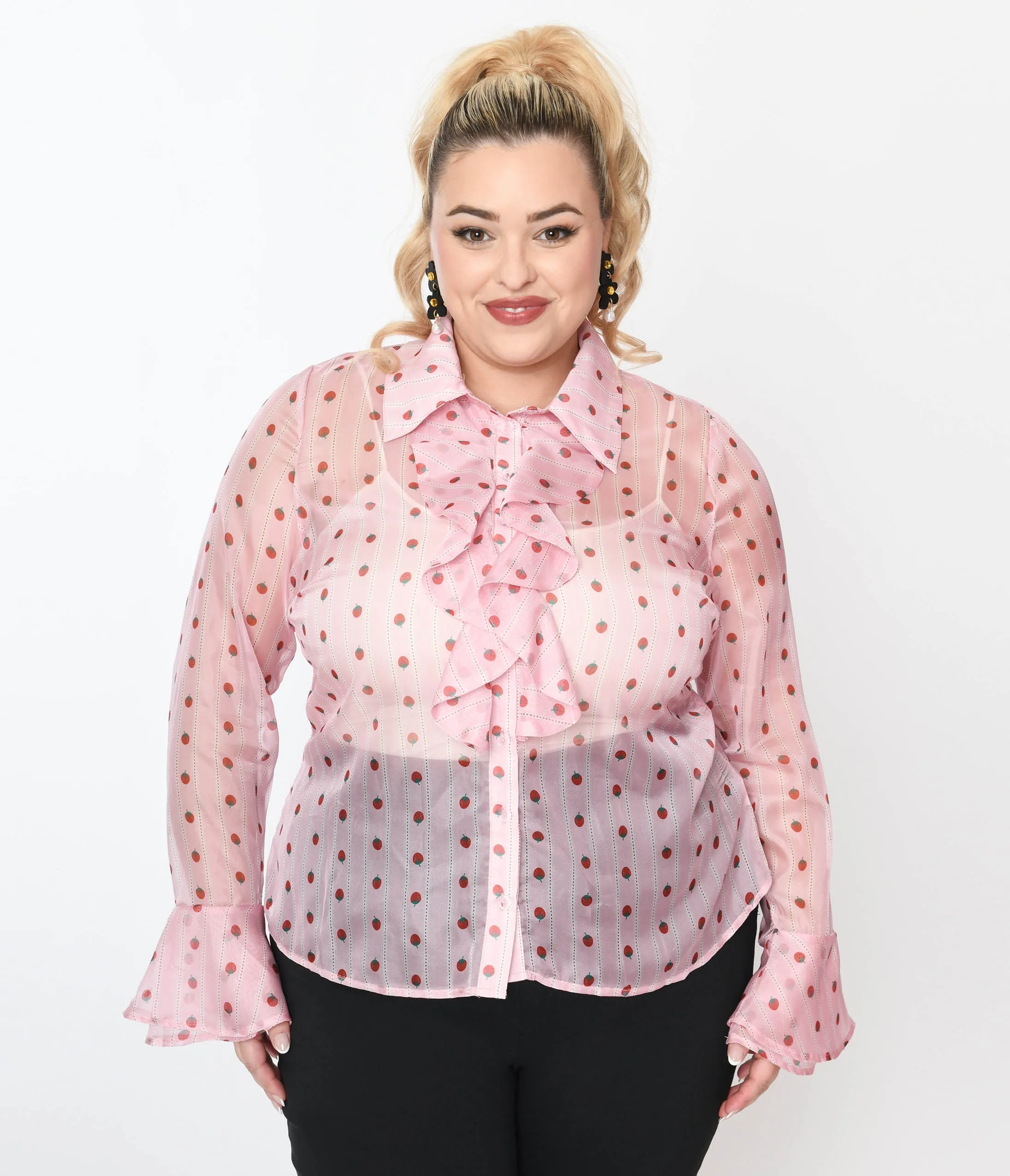 Smak Parlour Plus Size Pink & Strawberries Stripe Ruffle Blouse