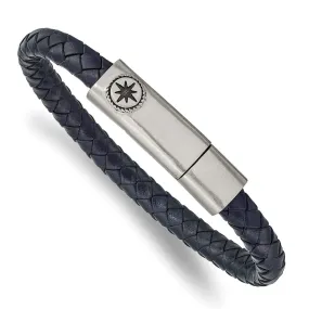 Stainless Steel & Blue Leather Antiqued Compass I.D. Bracelet, 8 Inch