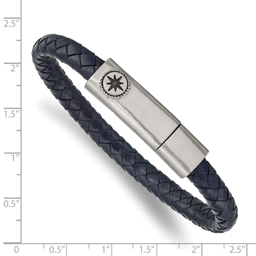 Stainless Steel & Blue Leather Antiqued Compass I.D. Bracelet, 8 Inch