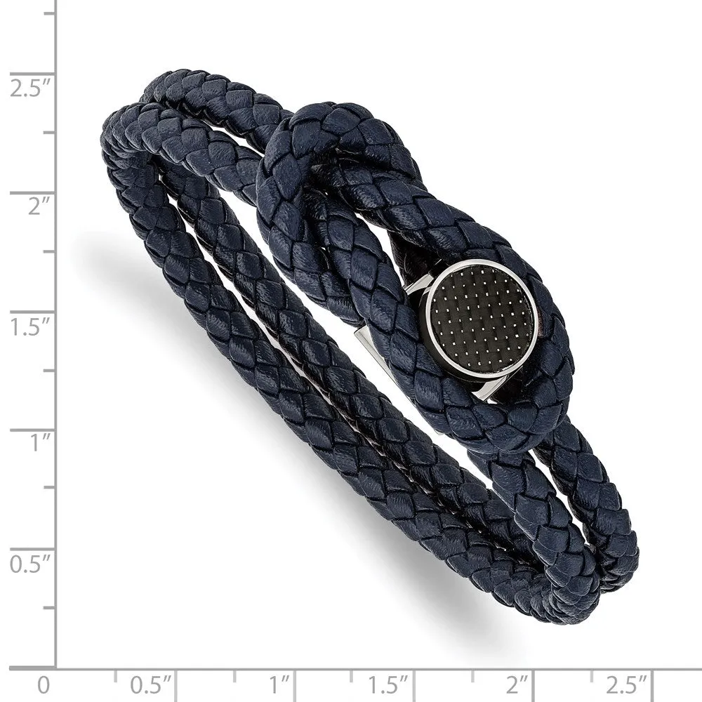 Stainless Steel, Black or Blue Leather, Carbon Fiber Bracelet, 8.5 In