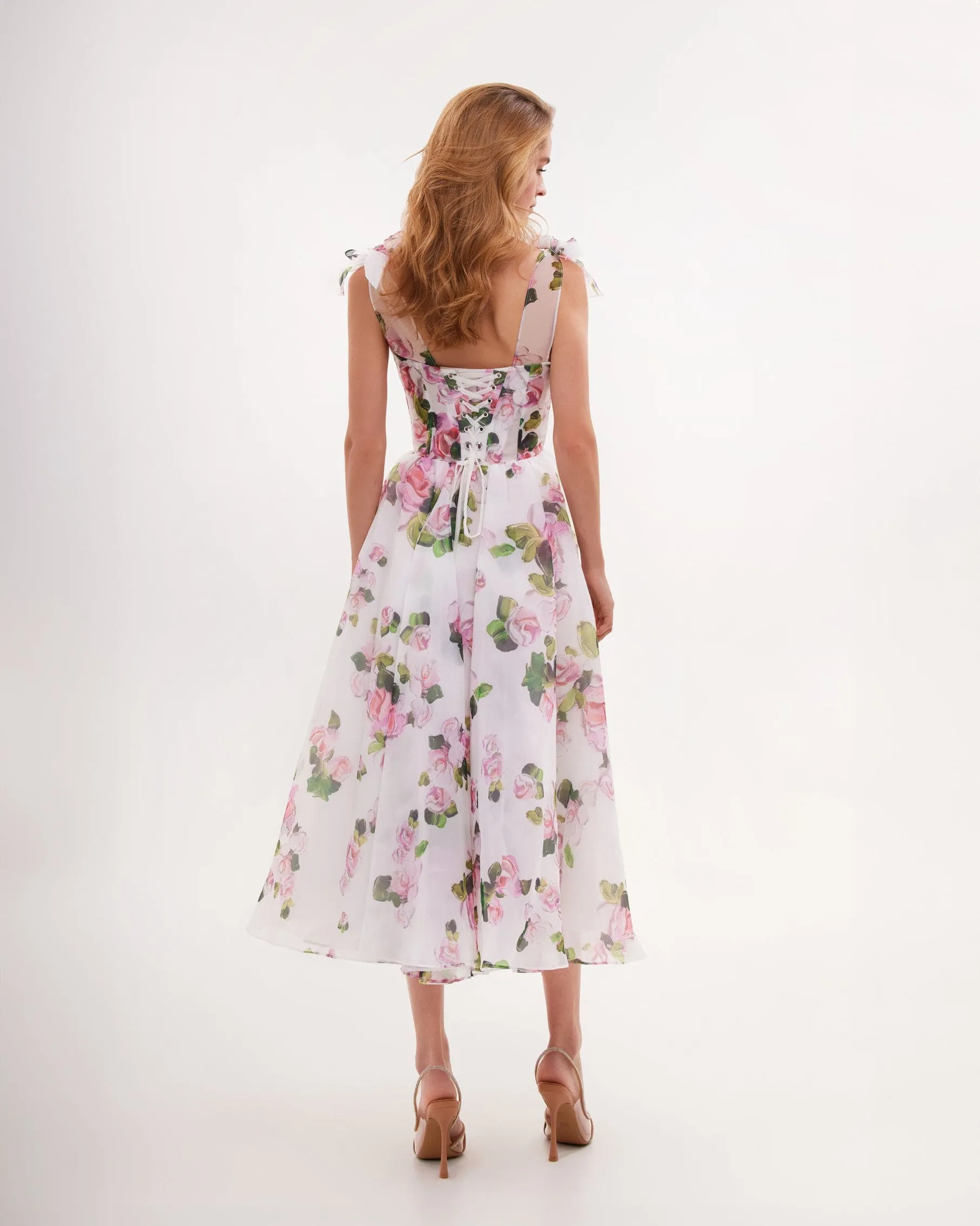 Tender floral midi tie-strap dress