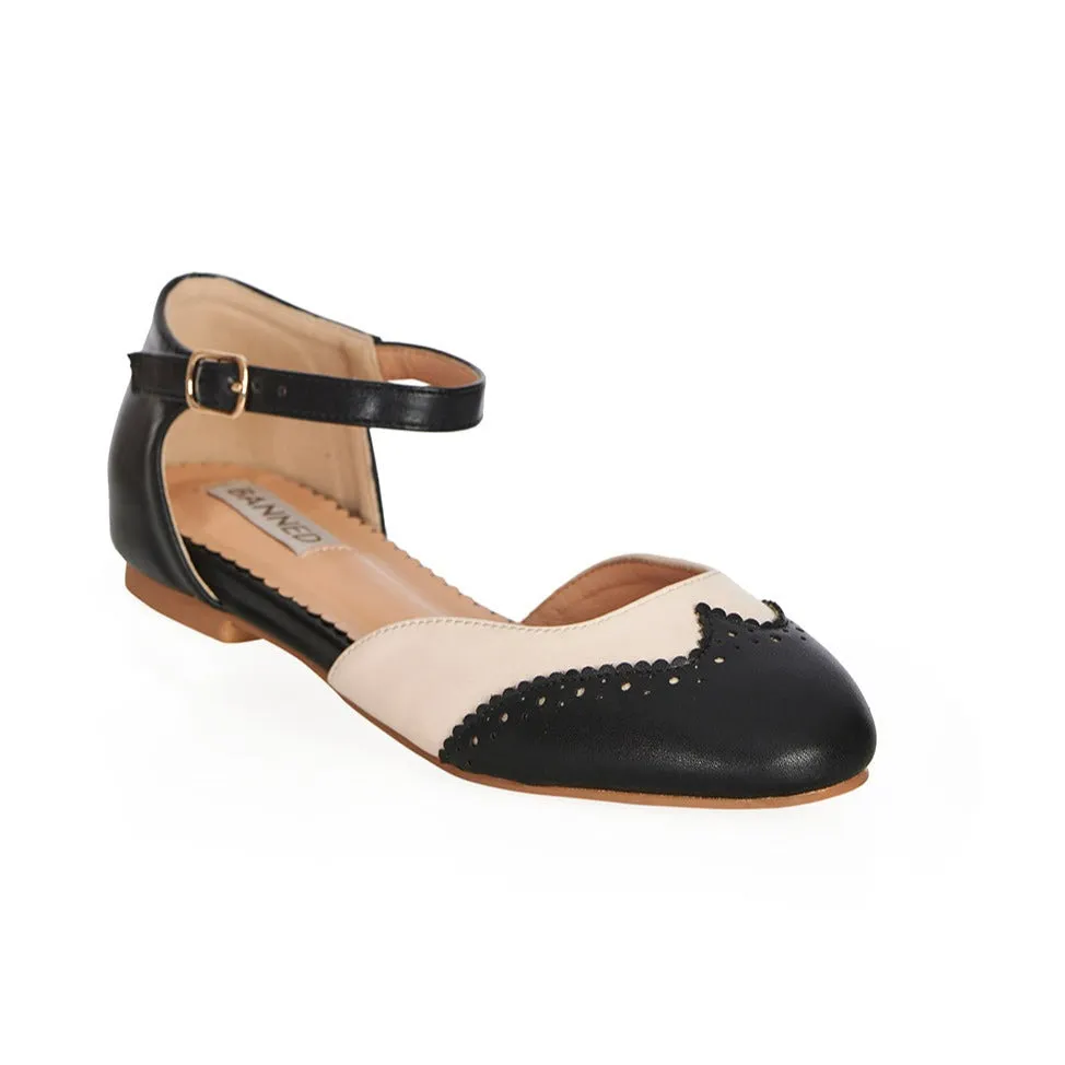 Two Tone Black Natural Brogue Closed Toe Flat Sandal