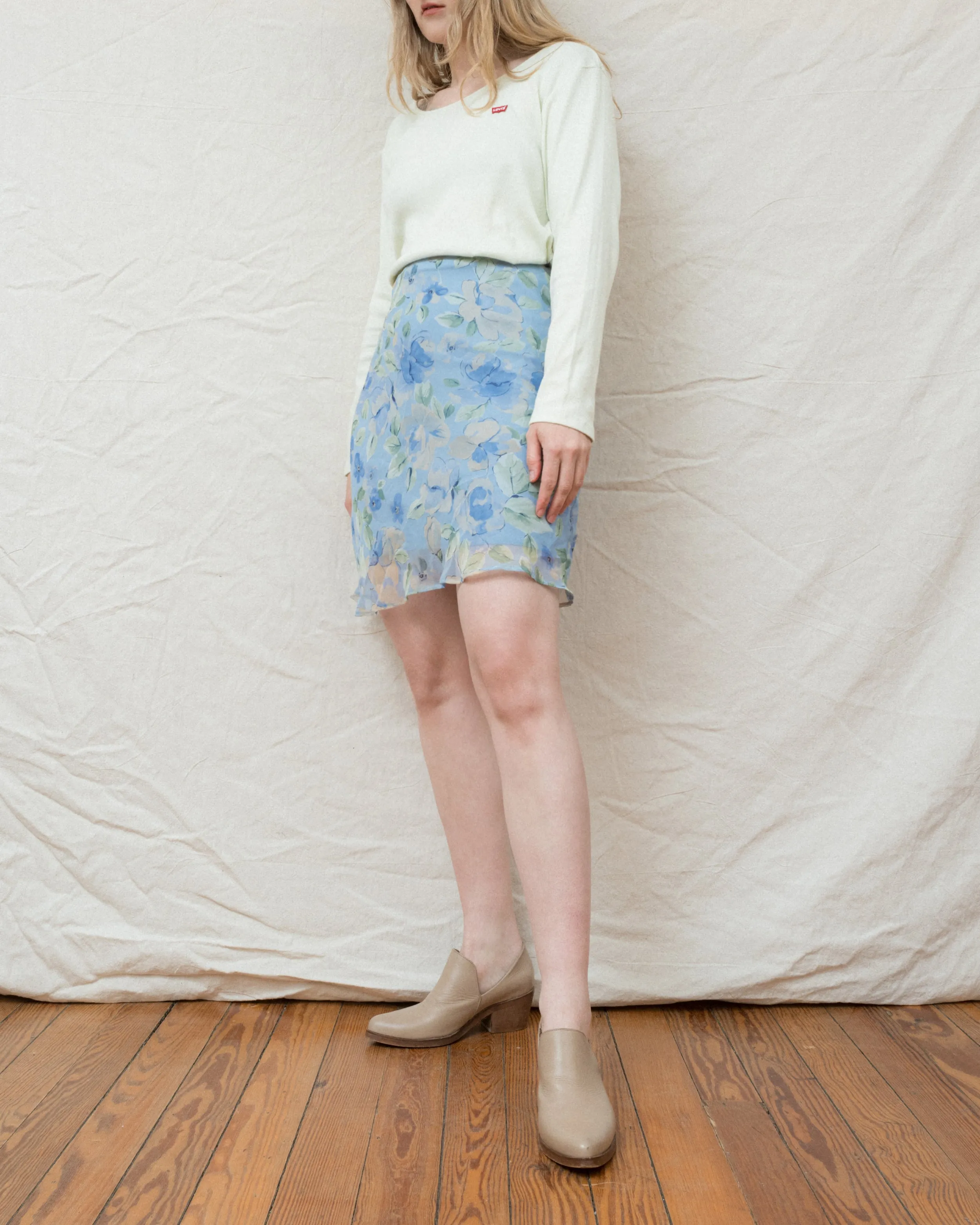 Vintage Blue Floral Chiffon Skirt (S/M)