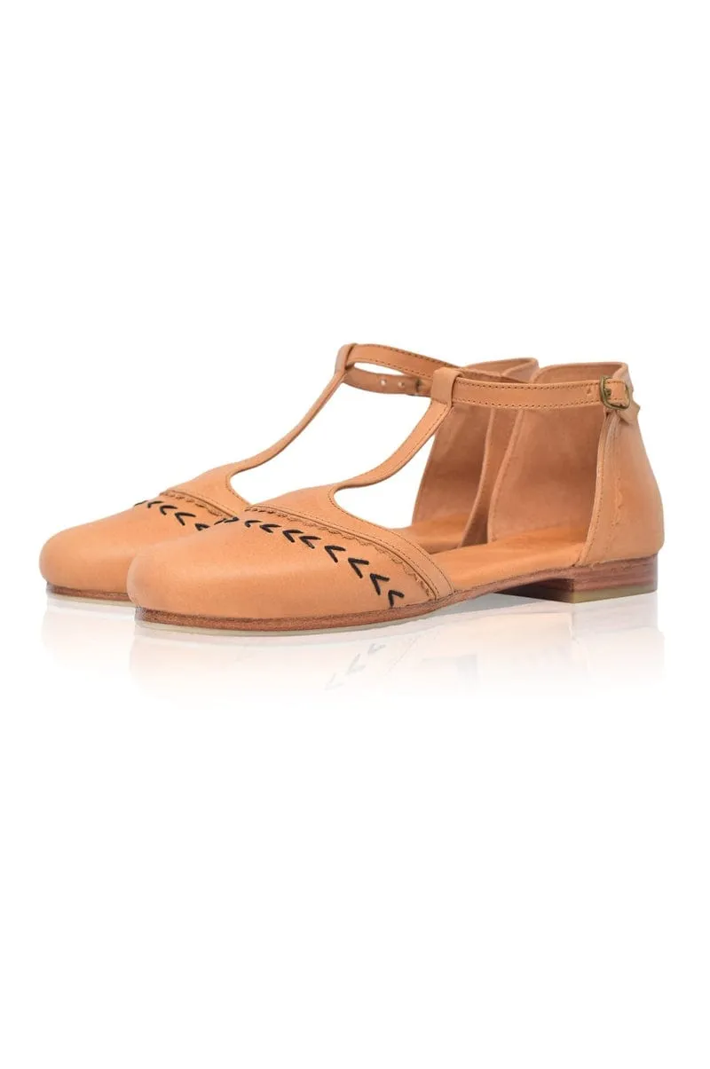 Wonderland T-strap Leather Flats in Light Tan