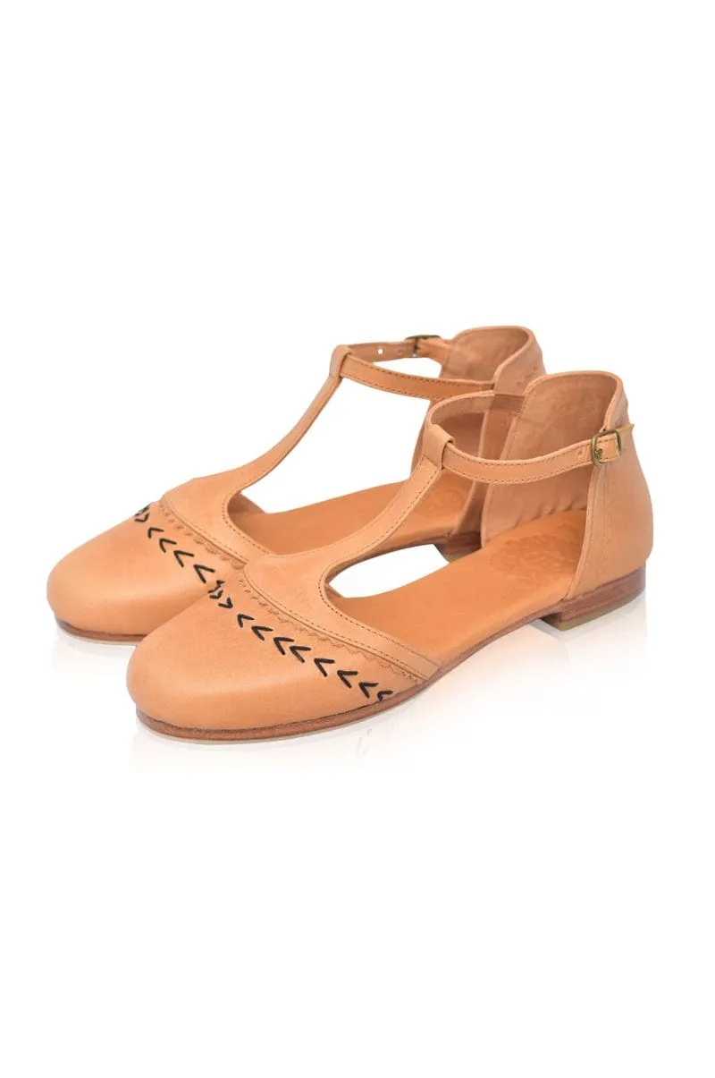 Wonderland T-strap Leather Flats in Light Tan