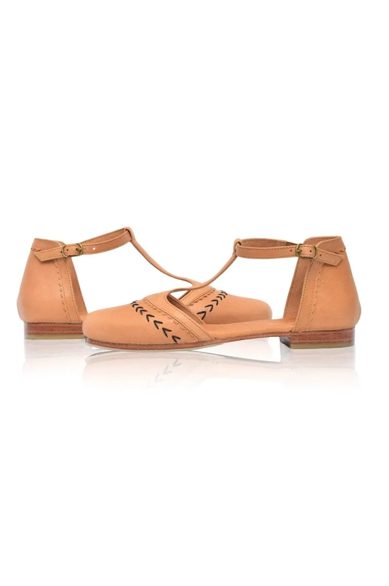 Wonderland T-strap Leather Flats in Light Tan